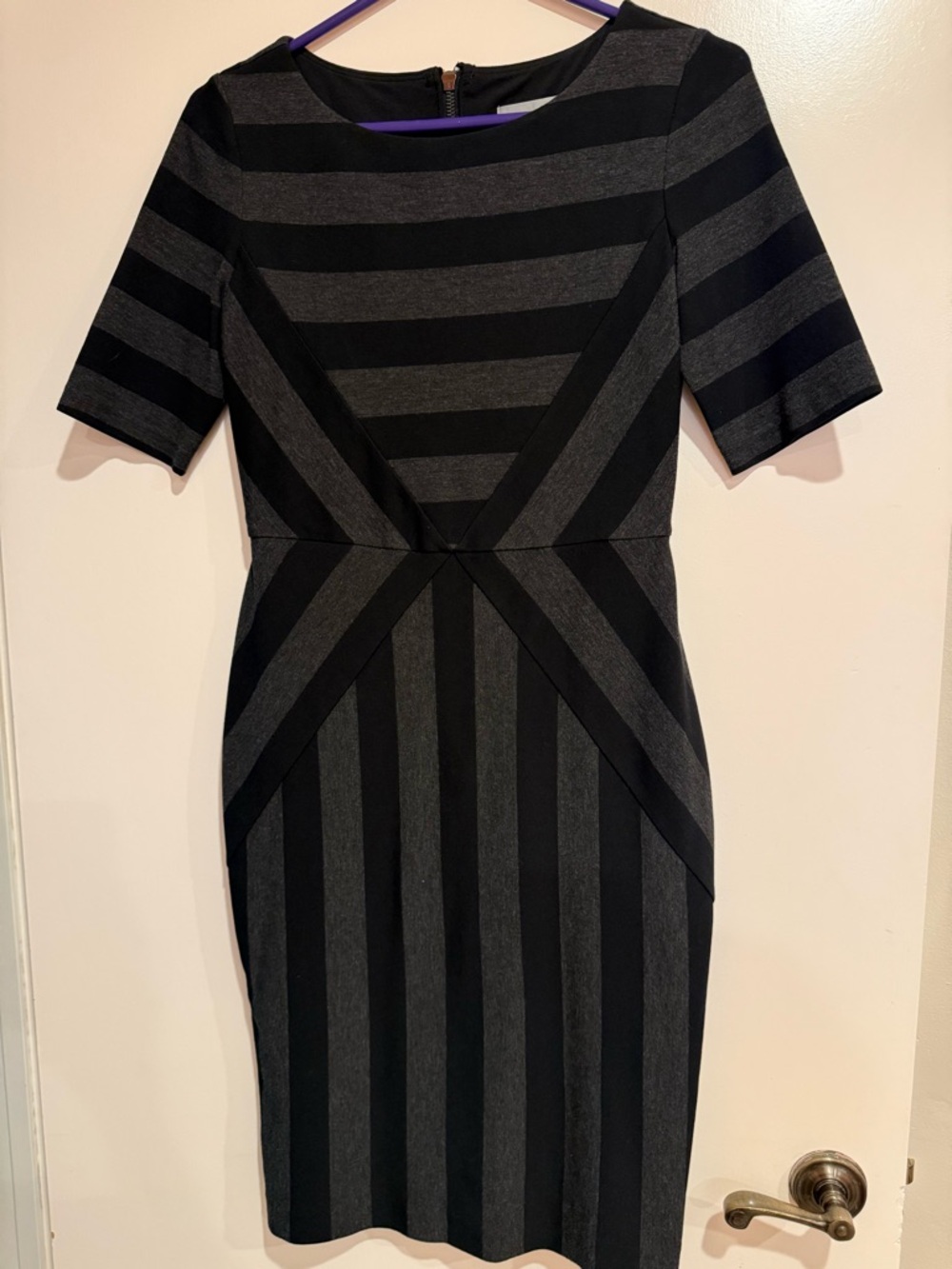 Maeve Black and Charcoal Striped Midi Sheath Dress